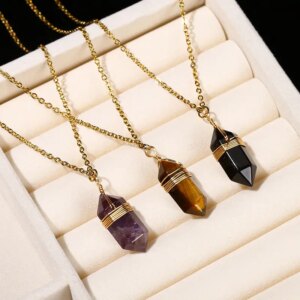 Change Better Natural Pink Quartz Amethyst Hexagon Column Pendant Necklace - Image 3